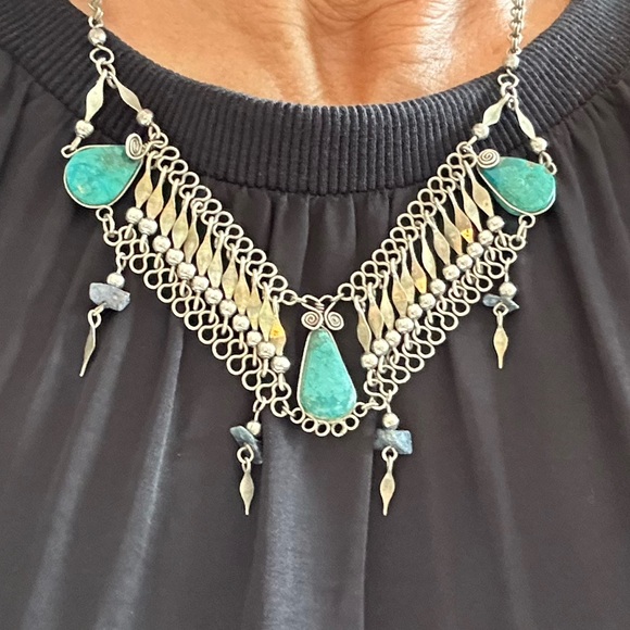 Vintage Art Deco Turquoise Metalwork Blue stone Necklace (possibly Sterling)🤩 - Picture 4 of 14